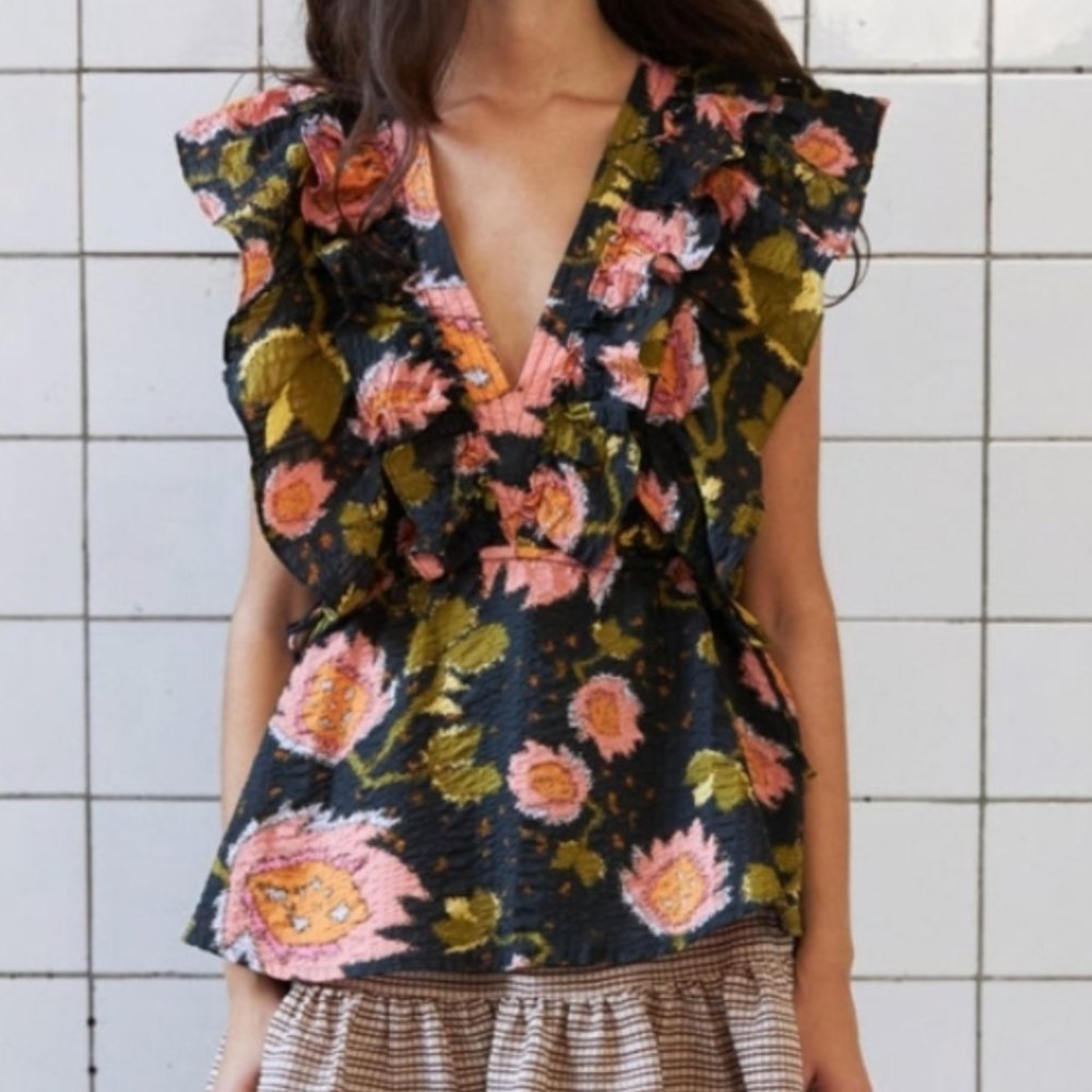 Stella Nova Sleeveless Floral Print Plunge Neckline Blouse